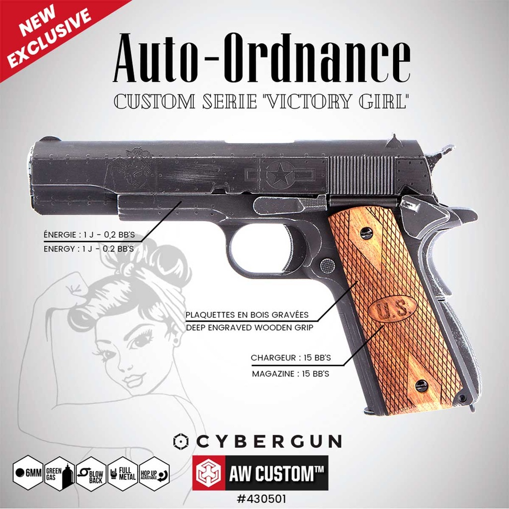 PISTOLA 1911 AO VICTORY GIRL NEGRA-MADERA