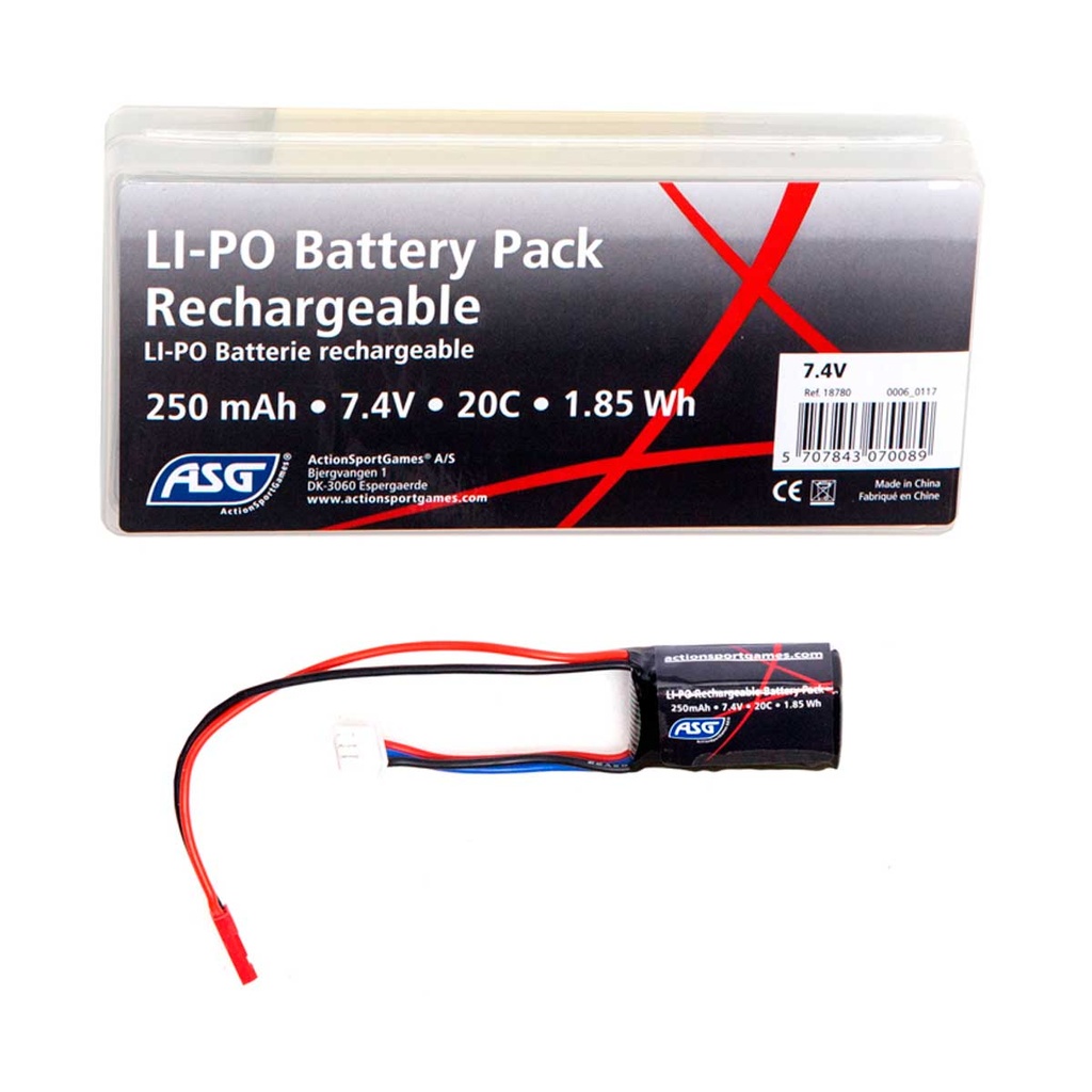 BATERIA LIPO ASG 7.4V 250MAH 20C 1STICK NEGRA