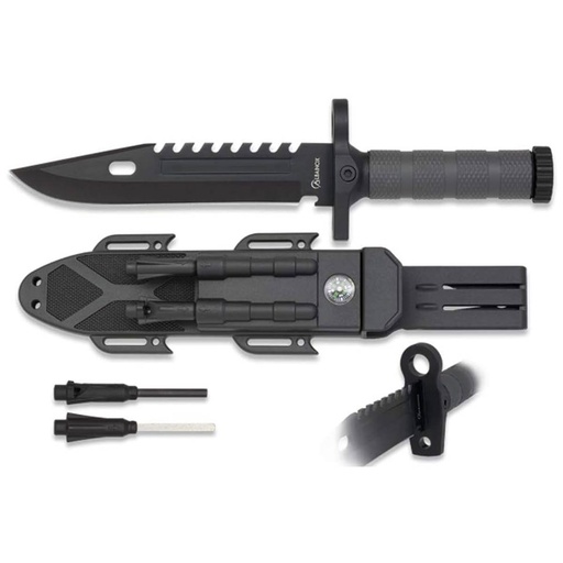 [32537] CUCHILLO ALBAINOX 19CM C/FUNDA PVC C/PEDERNAL C/AFILADOR NEGRO