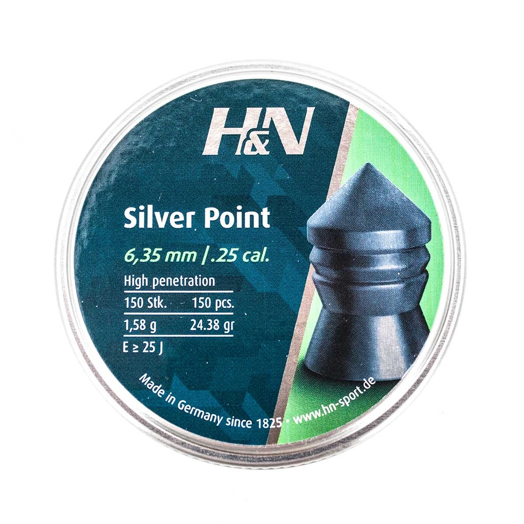 PERDIGONES H&N SPORT 6.35 PUNTA 150 PIEZAS PLATA
