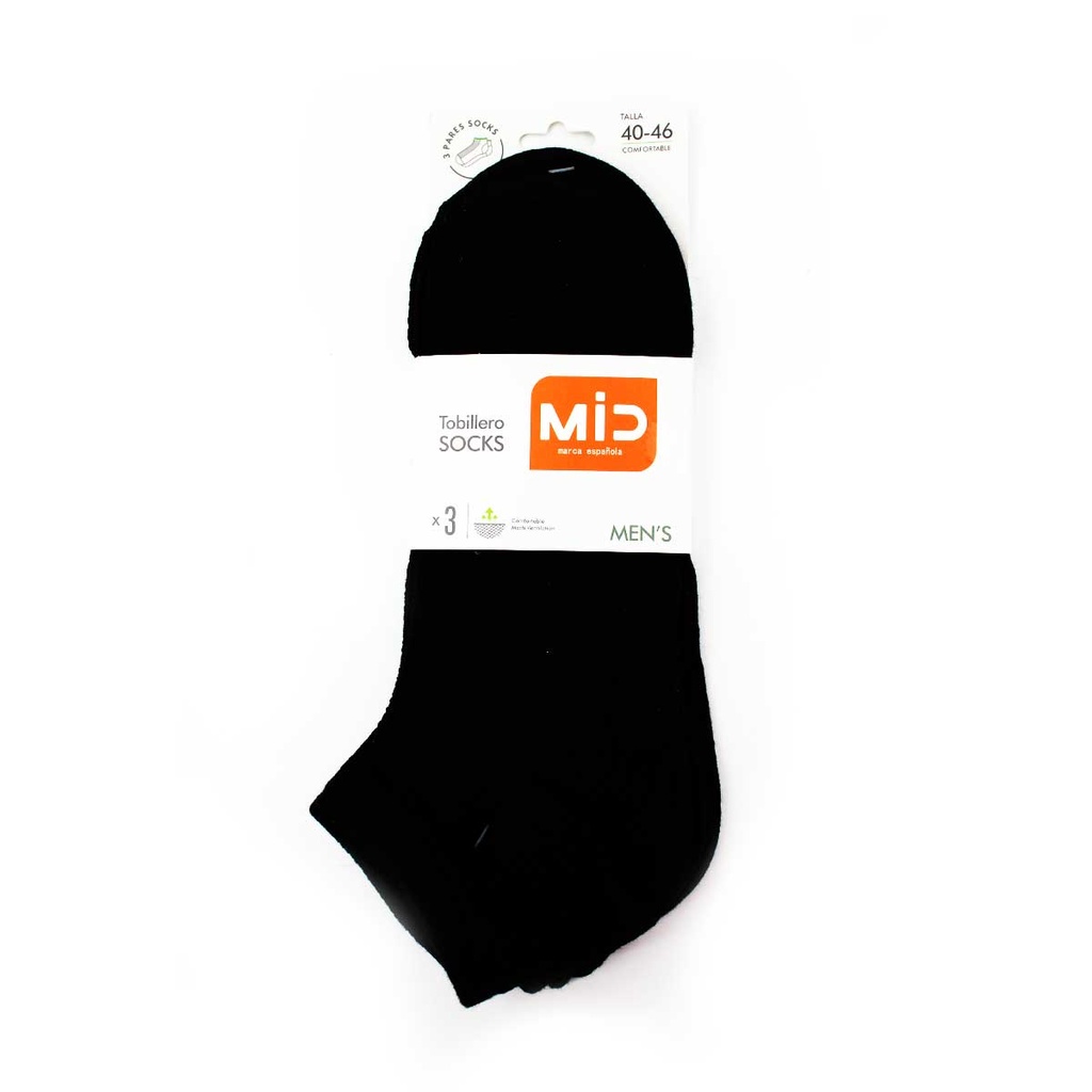 CALCETIN ALGODON MID TOBILLERO 3PCS NEGRO