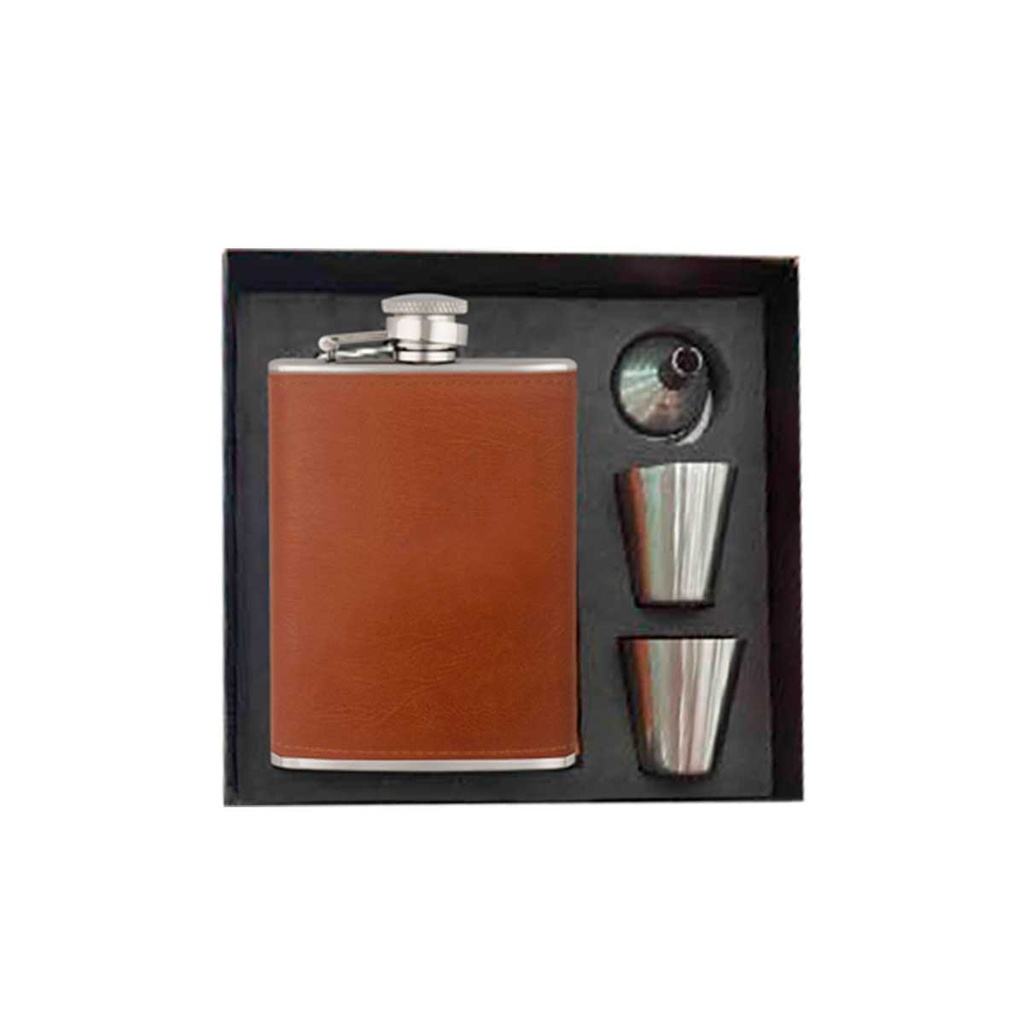 PETACA PIEL 8 ONZAS SET VASOS MARRON